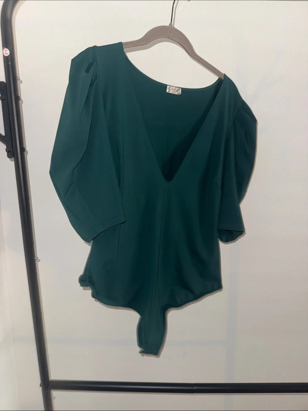 Free People Teal V-Neck Puff Sleeve bodysuit
